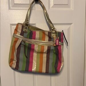 Coach Pink and Green Striped Shoulder Bag